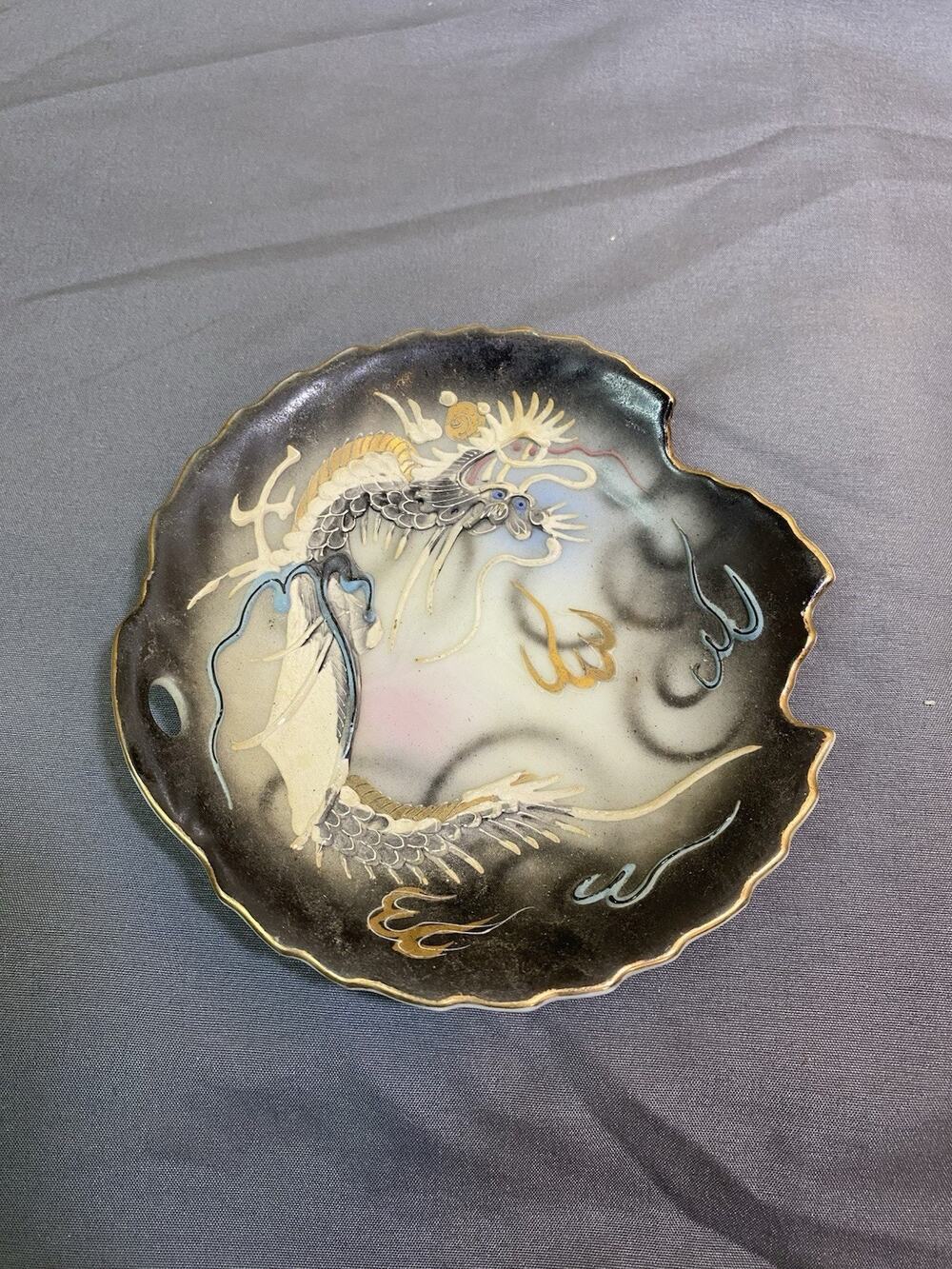 Vtg Handpainted Dragon Moriage 5" Saucer Trinket Dish Japan Raised